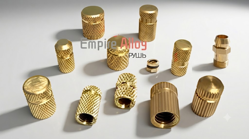 Assorted gold knurled brass fittings and connectors laid out on a white surface. Assorted gold knurled brass fittings and connectors laid out on a white surface.
